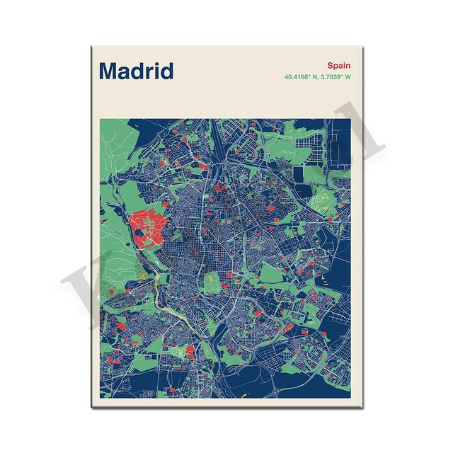 Барселона. Севилья. Бильбао. Мадрид. Альмерия. Цветная карта городов Испании. Искусство стены. плакат
