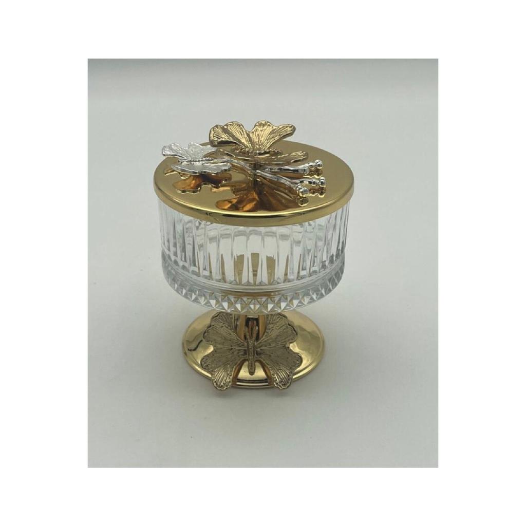 Stylishly Designed Elysa Glass Sugar Bowl, Snack Bowl, Turkish Delight Bowl, Presentation Bowl With Gold Footed And Butterfly Lid