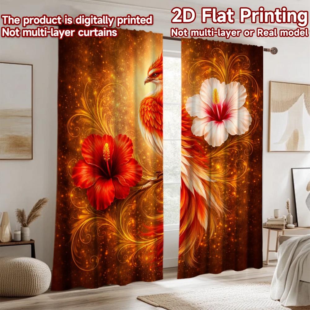 2D flat printing 2pcs Curtain Drapes Phoenix with Hibiscus Flowers Digital Printed Polyester Drapes Family Party Perfect for All