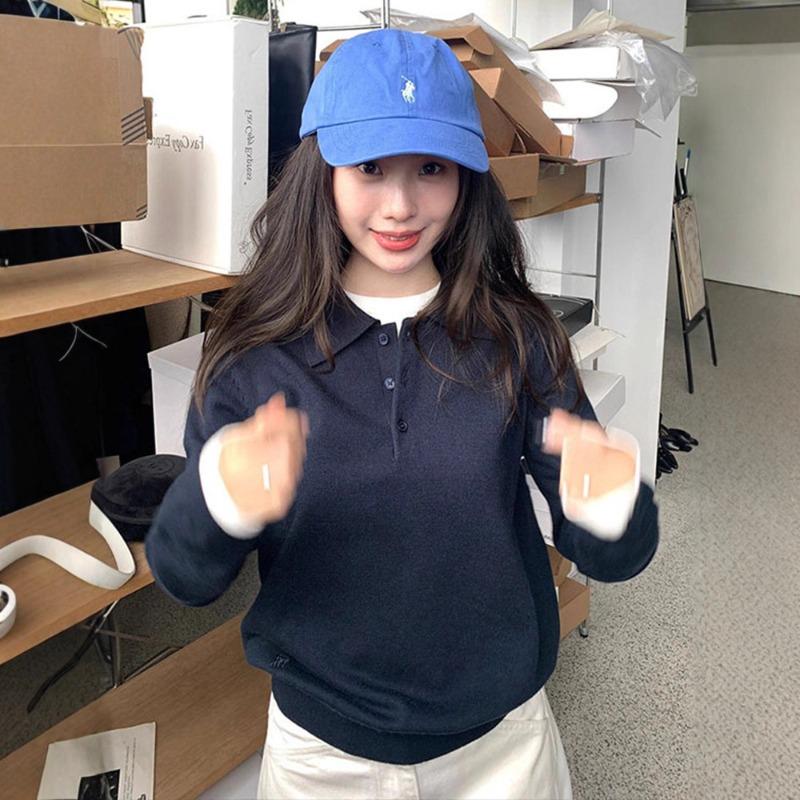 College Style Gray Polo Neck Sweater Women's Spring and Autumn New Loose and Thin Versatile Long-sleeved Knitted Sweater Top