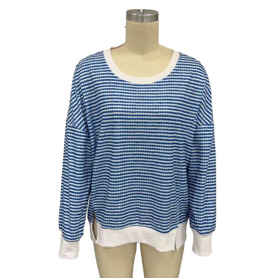 Women Striped Oversized Sweatshirt Long Sleeve Crewneck T-Shirt Split Hem Waffle Knitted Tunic Top Casual Fall Sweater