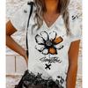Fashion Flower Painting Blouses Short Sleeved V-Neck T Shirts Casual