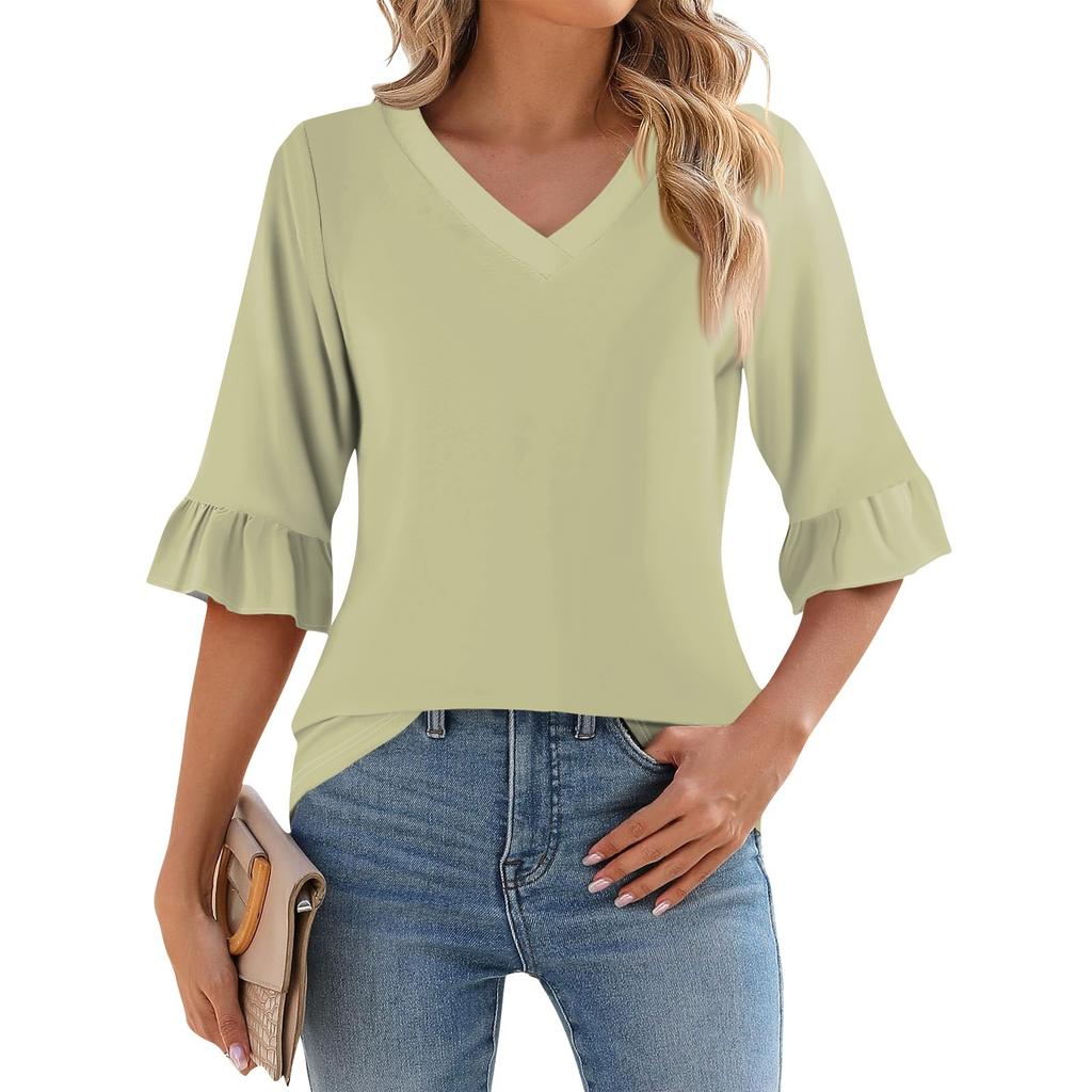 Женский повседневный топ с рукавами 3/4, летняя футболка с v-образным вырезом и пышными рукавами