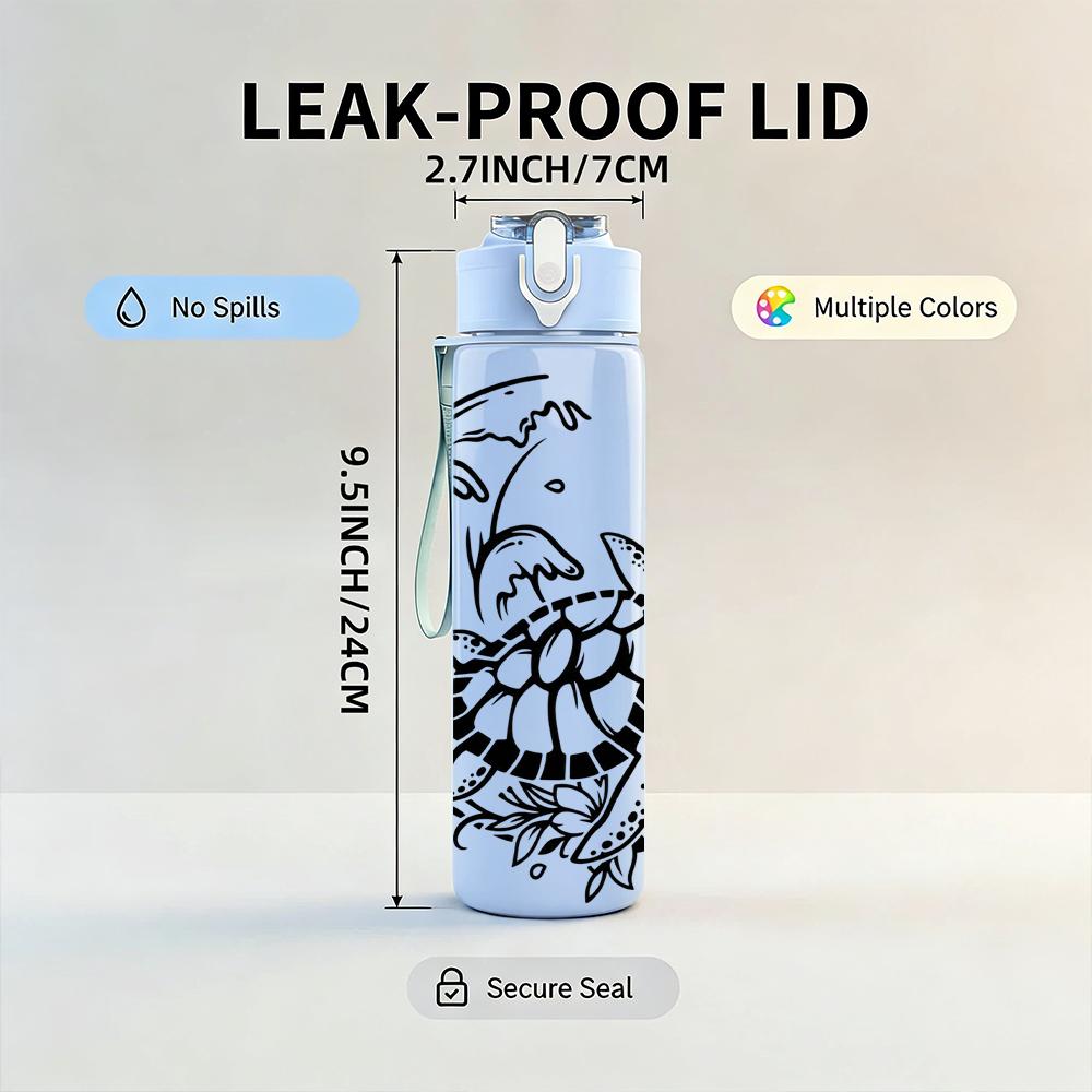 1PC Turtle Wave Sketch Graphic,750ml Color Plastic Sports Water Bottle,Leakproof Flip Straw Lid,Suitable for Sports Office Home Use