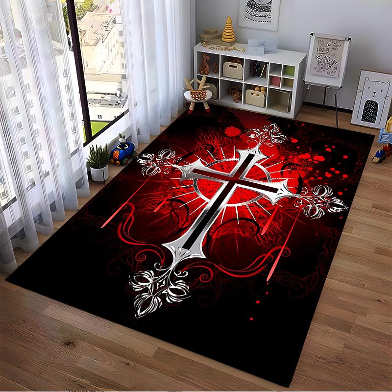 Red and Black Gothic Cross Carpet with Baroque Floral Pattern Design Suitable for use as an anti-slip for living room bedroom sofas