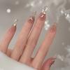 24Pcs Ballet Fake Nails Blush with French Diamond Chain Cat's Eye Tips Press on Nails Art Simple Wearable Finished False Nail
