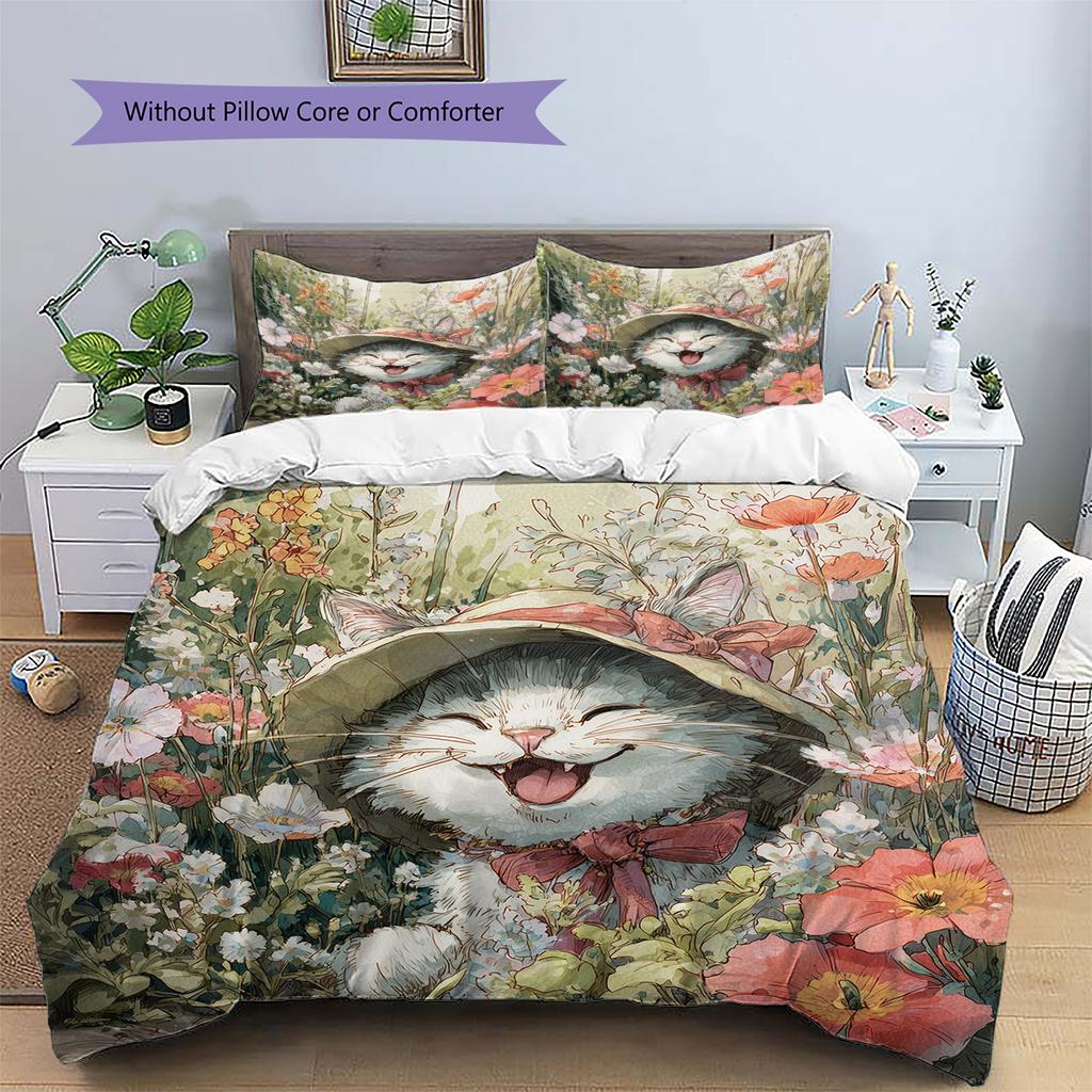 Cat with Vintage Hat Pattern Bedding Quilt Set Home Decoration Gift (1 * duvet cover + 2 * pillowcase, without core)