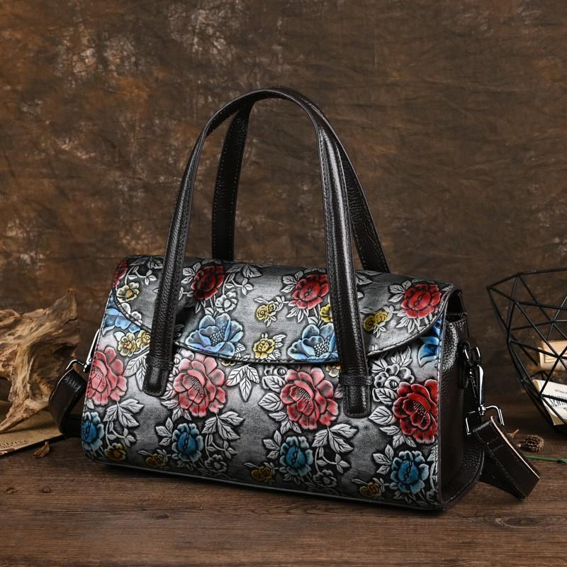 Johnature Retro Embossed Genuine Leather Women Bag Hand Painted Versatile Cowhide Shoulder & Crossbody Bags