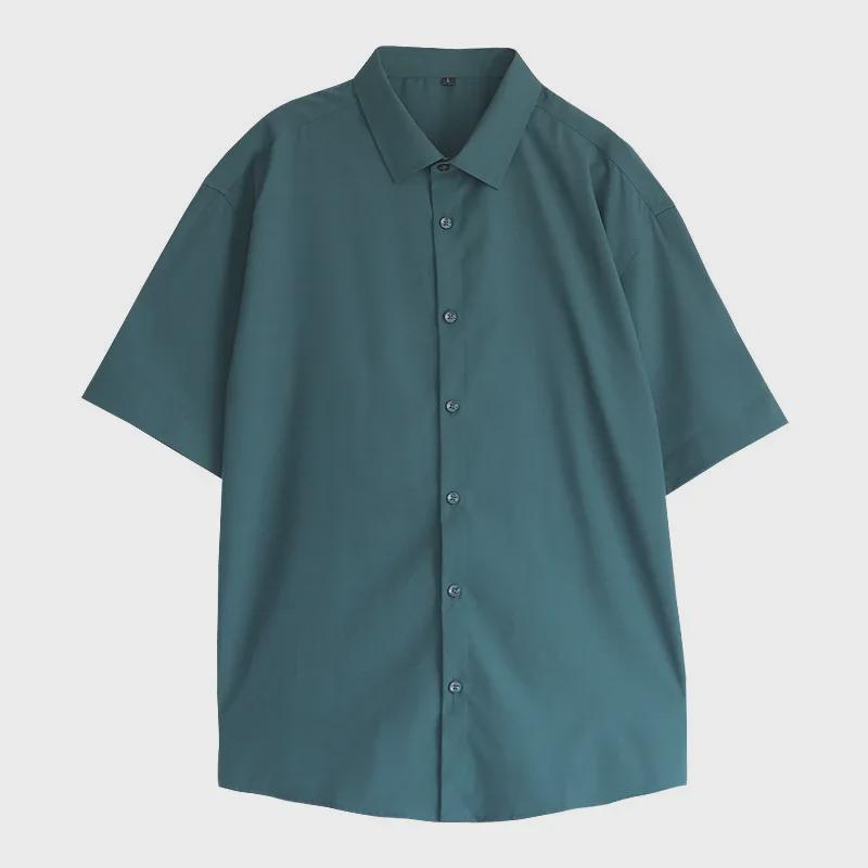 Мужская темно-зеленая ретро корейская свободная рубашка с коротким рукавом из ледяного шелка