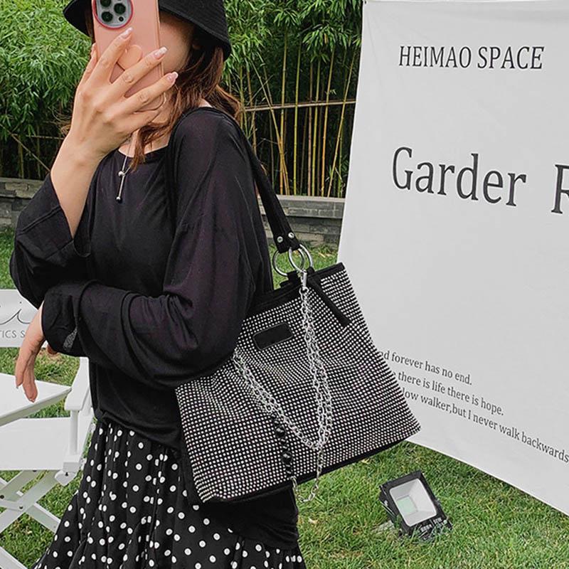 Yogodlns Luxury Rhinestone Bucket Tote Bag Women Fashion Large Capacity Handle Shopping Shoulder Bag