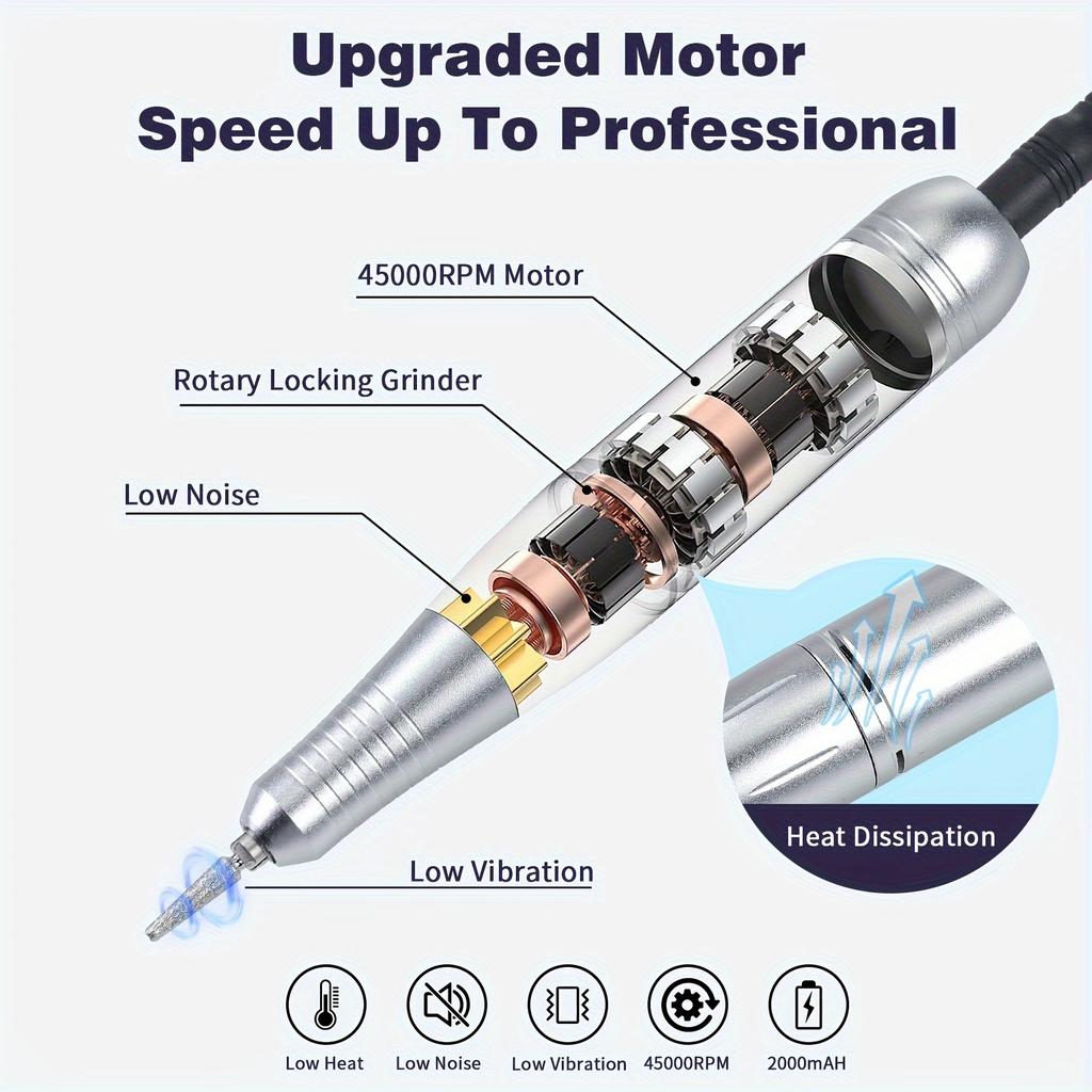 Professional Electric Nail Drill Machine, 45000 RPM Portable Rechargeable Nail File NAIL TOOLS