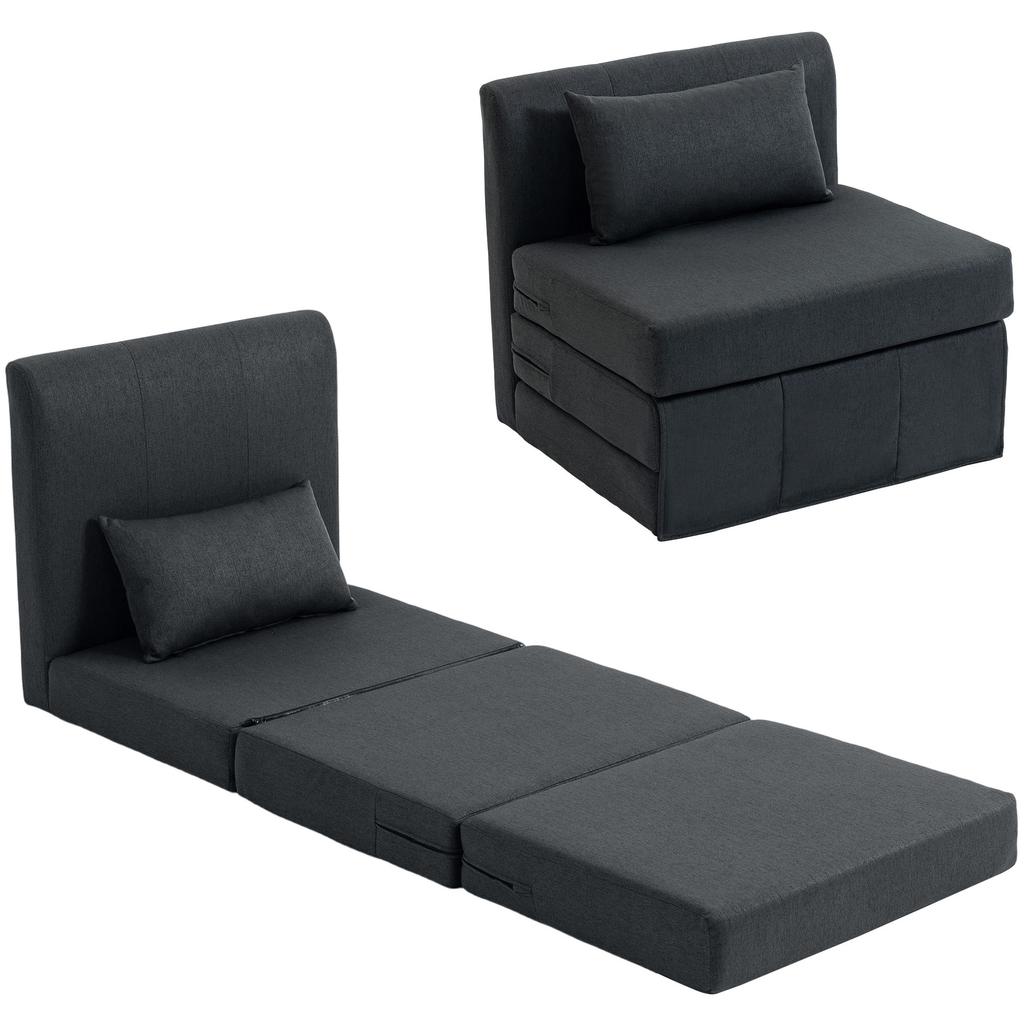 2-in-1 Folding Lounge Chair Foldable Sofa Bed with Linen Texture, Upholstered Guest Bed Folding Chair, Dark Grey