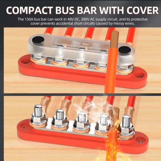 Распределительный блок питания DaierTek Bus Bar 12 В с крышкой, клеммная колодка с 5 штифтами 1/4 дюйма, макс. 150 А, 48 В постоянного тока, положительный и отрицательный для автомобиля