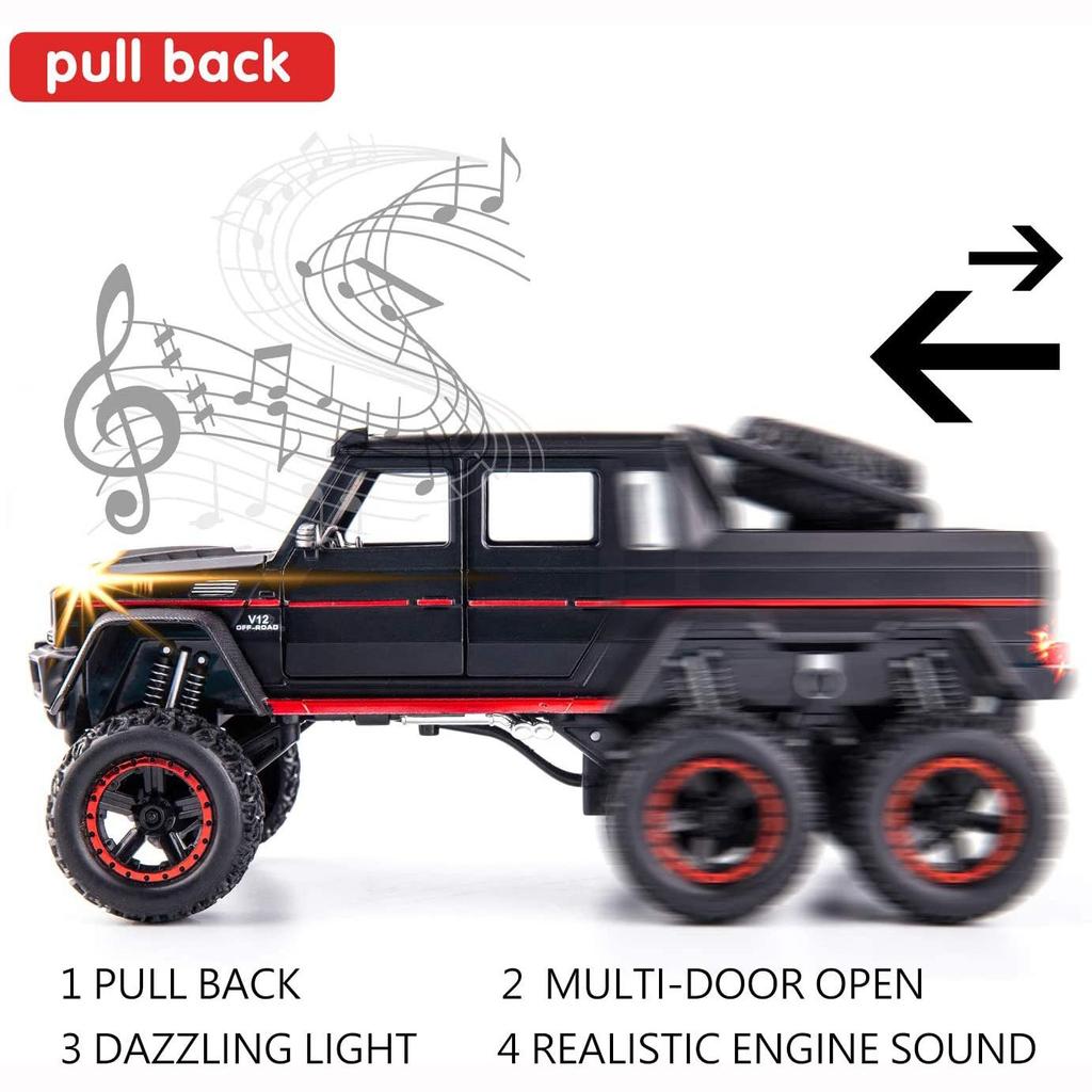 Масштаб 1/22 G63 AMG 6x6 V12, внедорожный черный пикап, модель автомобиля, игрушечный автомобиль из цинкового сплава со звуком и светом для детей, подарок для мальчиков и девочек
