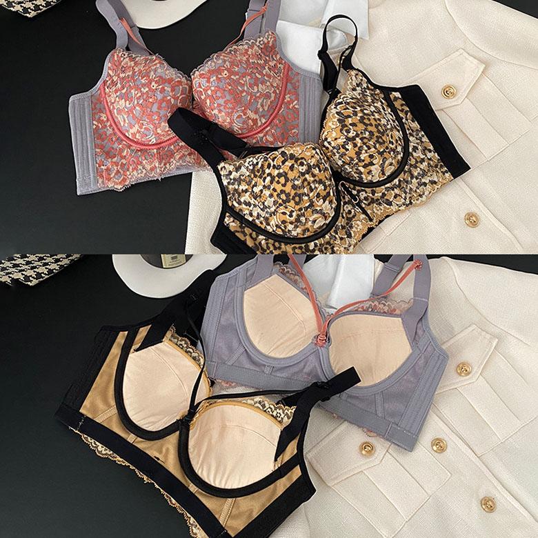 Leopard Lace Bra for Women Sexy Gather and Adjustment Bra Push Up Bra Wide Back Strap Invisible Bra Fancy Underwear