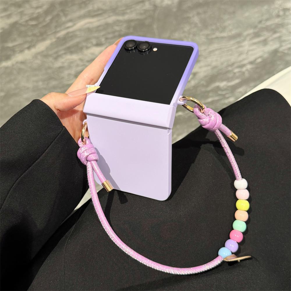 Gradient Color Hard Hinge Full Protection With Colorful Beaded Wrist Strap Phone Case For Samsung Galaxy Z Flip 8 7 FE 6 5 4 3