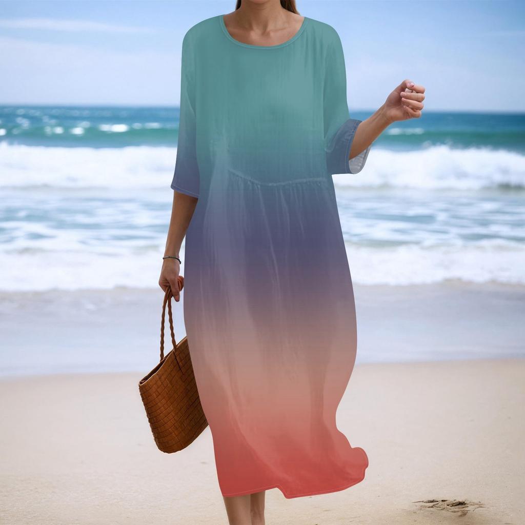 Women's Fashionable Printed Round Neck Seven Quarter Sleeve Loose Dress