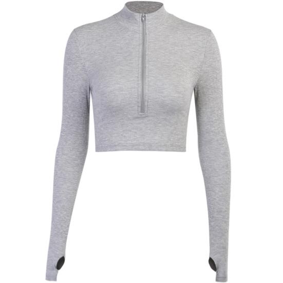 Женская зрелая мода Осень Однотонная повседневная офисная футболка на молнии с длинным рукавом