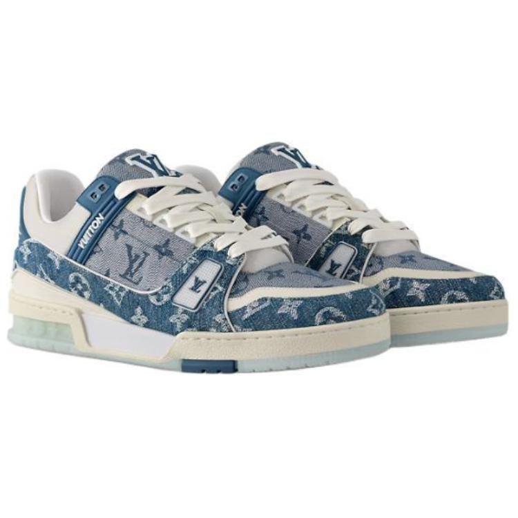 LOUIS VUITTON Trainer Cow Leather Low top Skateboard Shoes Unisex Blue White 1ADHIT