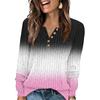 Women's Fashion V-Neck Button-Up T-Shirt With Gradient Print Long-Sleeved Top