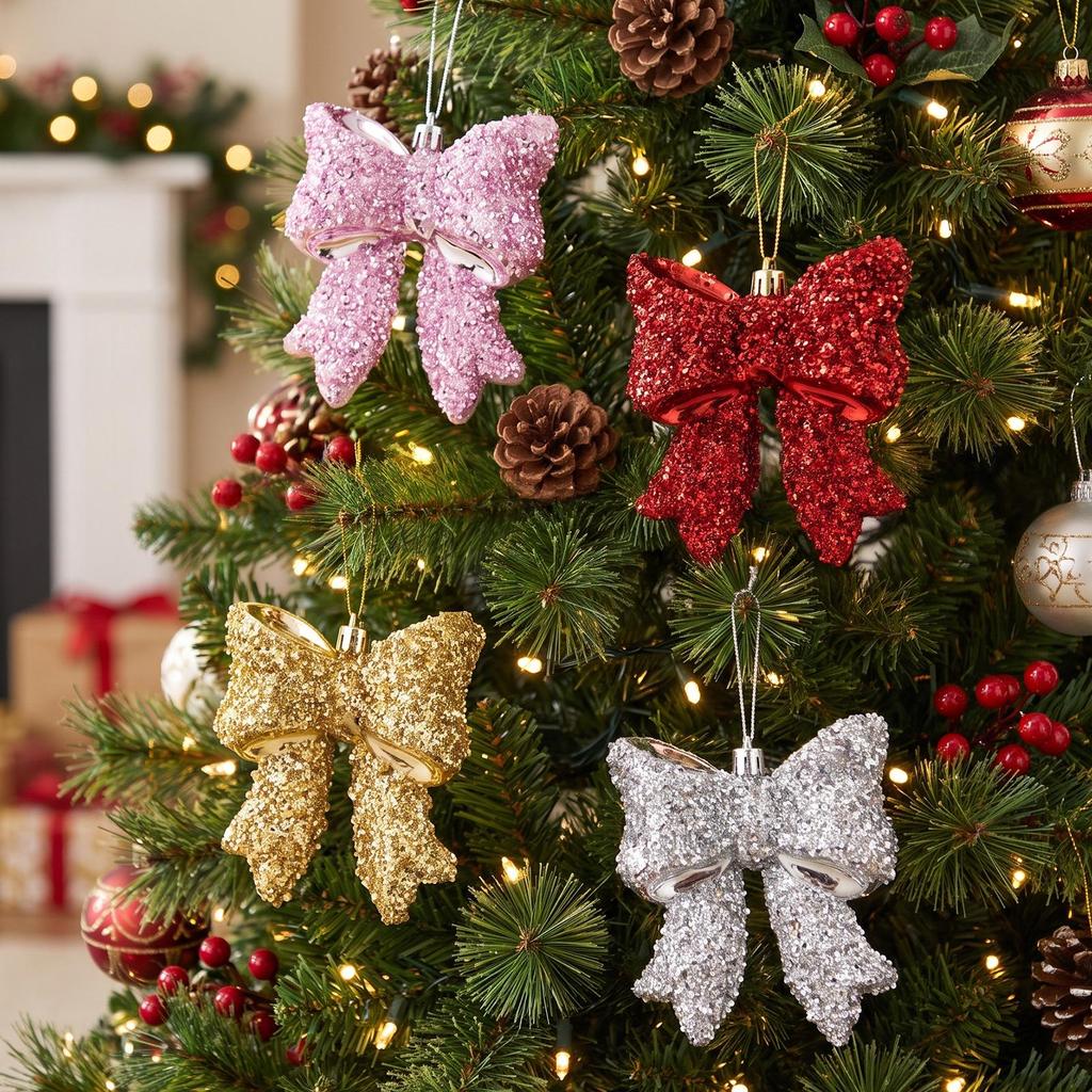 3D Christmas Tree Bow Pendant: Electroplated Hanging Ornament with Bright Sequins