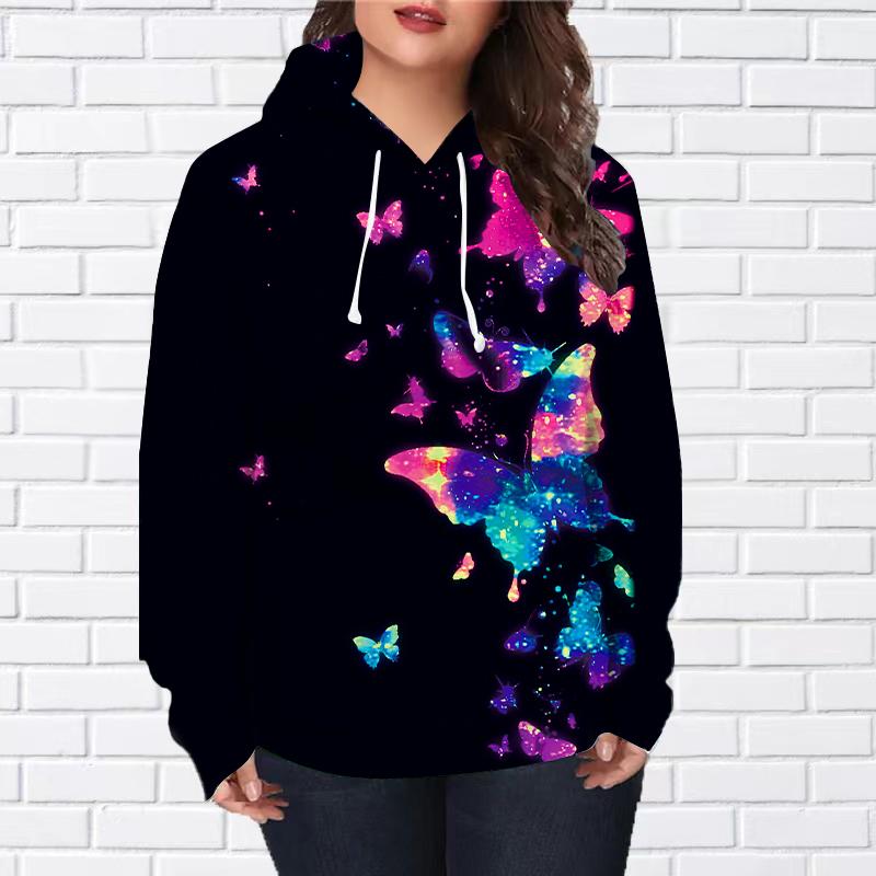 Женская мода розовая бабочка принт свободные толстовки топы блузка свитшот повседневный длинный рукав пуловер топы