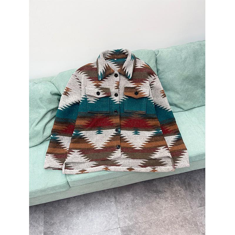 Куртка с лацканами, однобортная куртка, жаккардовое пальто с геометрическим рисунком, пальто в этническом стиле, женское шерстяное плотное пальто, осеннее и зимнее пальто