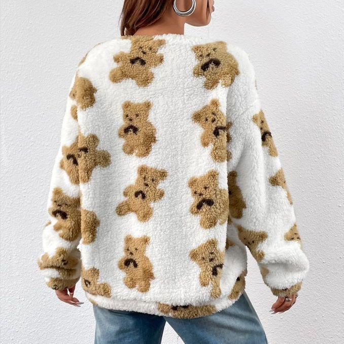 Women's Sweater Autumn and Winter Bear Print Large Size Loose Long-sleeved Top Medium and Long