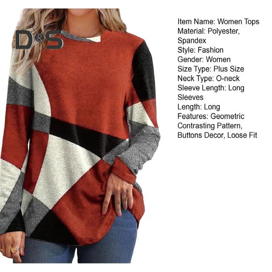 Женские топы с геометрическим узором и лоскутным узором, с круглым вырезом, длинными рукавами, декором из пуговиц, повседневная блузка, свободный крой, туника