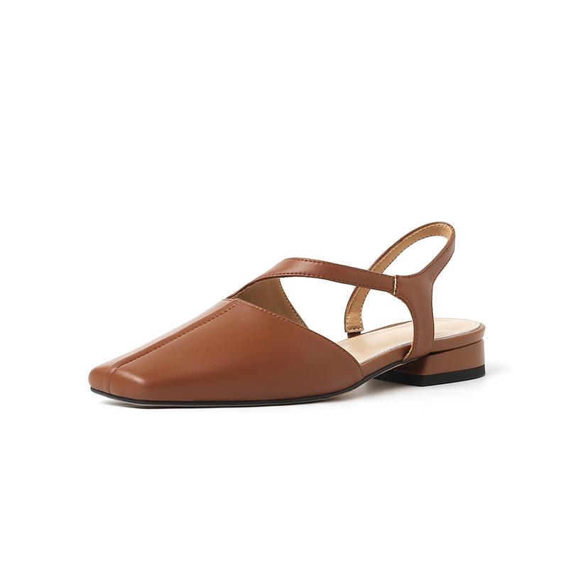2024 Новые базовые женские босоножки на низком каблуке с квадратным носком и пряжкой на ремешке, туфли-лодочки с открытой пяткой, офисная рабочая обувь из натуральной кожи для женщин