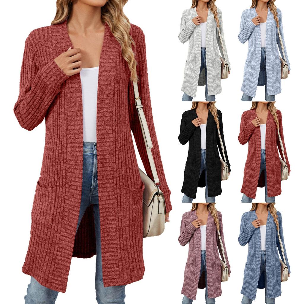 Женская мода повседневная длинная однотонная цветная куртка-кардиган с длинным рукавом и свободными карманами