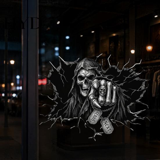 Grim Reaper Wall Decal Sticker, 3D Breaking Through Art Decal, Scary Halloween Decor Skull Mural for Home Bar Pub Party Supplies PVC Waterproof