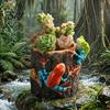 High-detail Painted Pot Tree Stump Shape Planter Resin Decorative Flower with 2 Frogs Cute Small Cactus Container for Home Office Desk Balcony Indoor