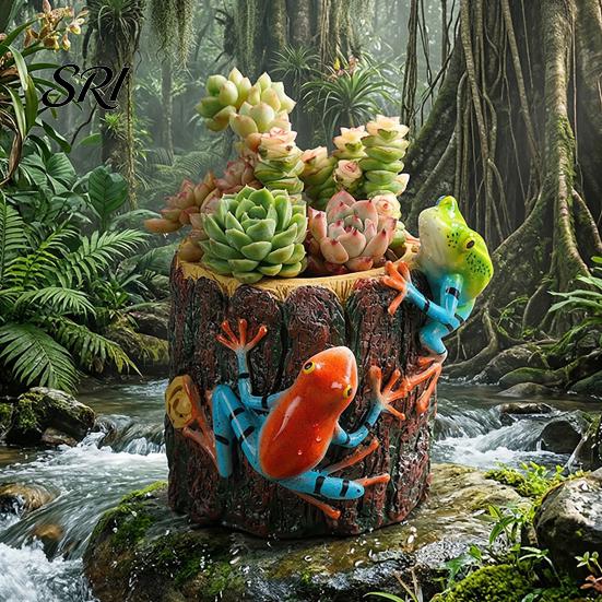 High-detail Painted Pot Tree Stump Shape Planter Resin Decorative Flower with 2 Frogs Cute Small Cactus Container for Home Office Desk Balcony Indoor