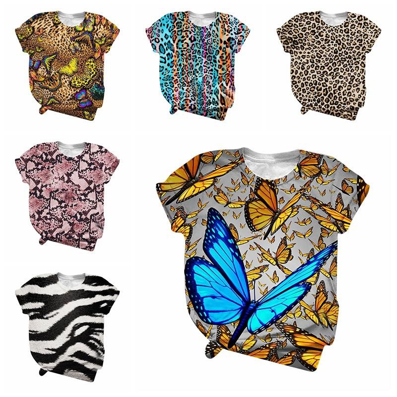 XL-7XL Plus Size Leopard Tee Butterfly Digital 3D Printed Short Sleeved T-shirt Men Women Couple Round Neck Top
