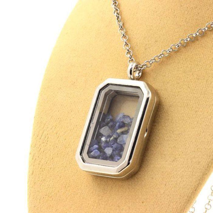 Stones and Minerals. Raw Benitoite Necklace. Rectangular Model with Cut Sides.