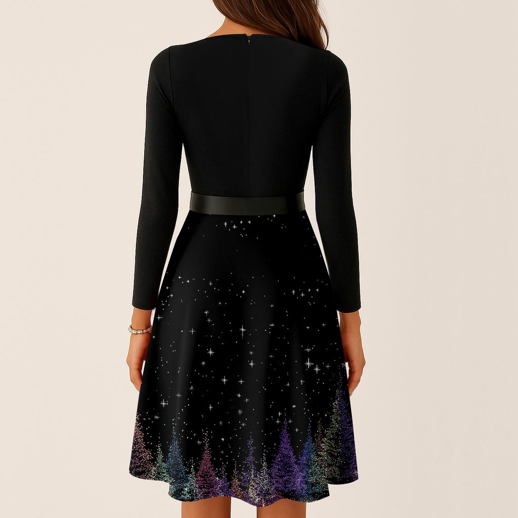 Women's Casual Fashion Round Neck Long Sleeve Christmas Printed Party Vintage Long Dresses