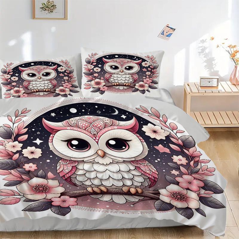 3pcs Cute Owl & Flowers Quilt Set - Soft and Comfortable Bedroom, Guest Room and Dorm Decor Bedding Set M046