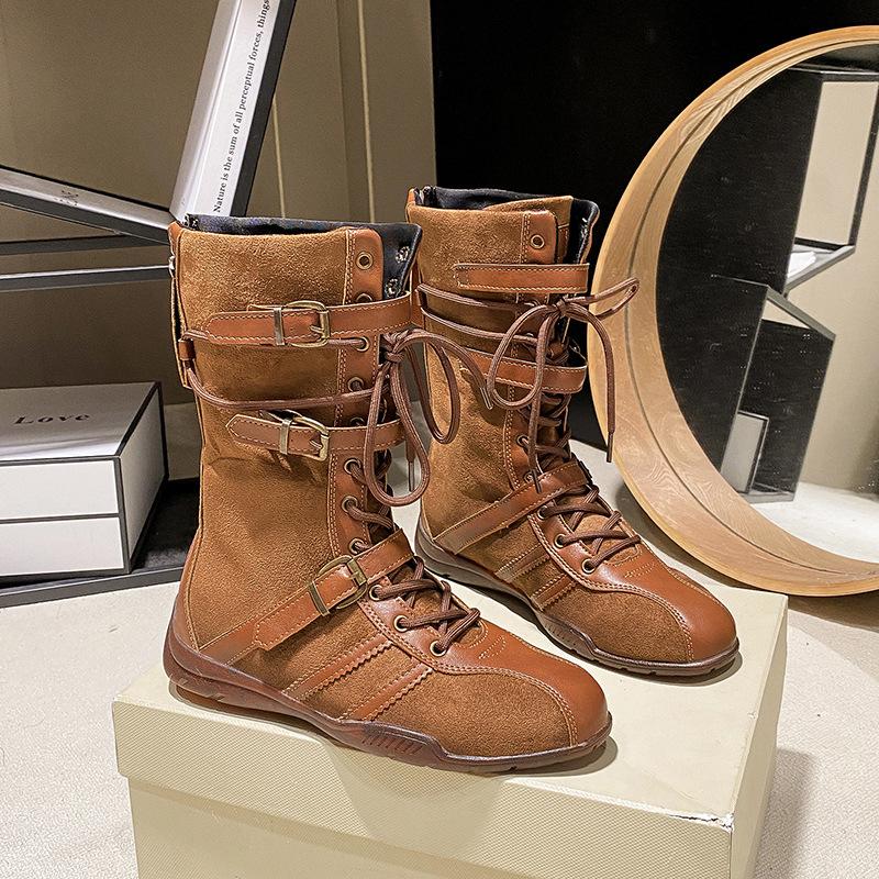 Ботинки Мартин 2025 осень новая корейская версия нишевые круглый носок шнуровка средняя голень ботинки нишевый дизайн ретро трендовая модная обувь