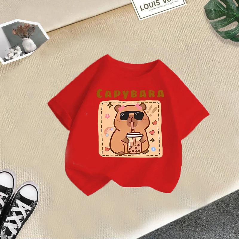 Детская футболка с принтом капибары, детская одежда из 100% хлопка, топы 2-13 лет, свободного кроя, повседневная, с круглым вырезом, с коротким рукавом