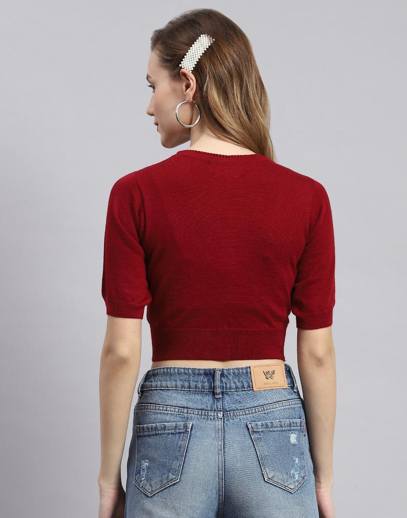 MONTE CARLO Maroon Solid V Neck Sweater
