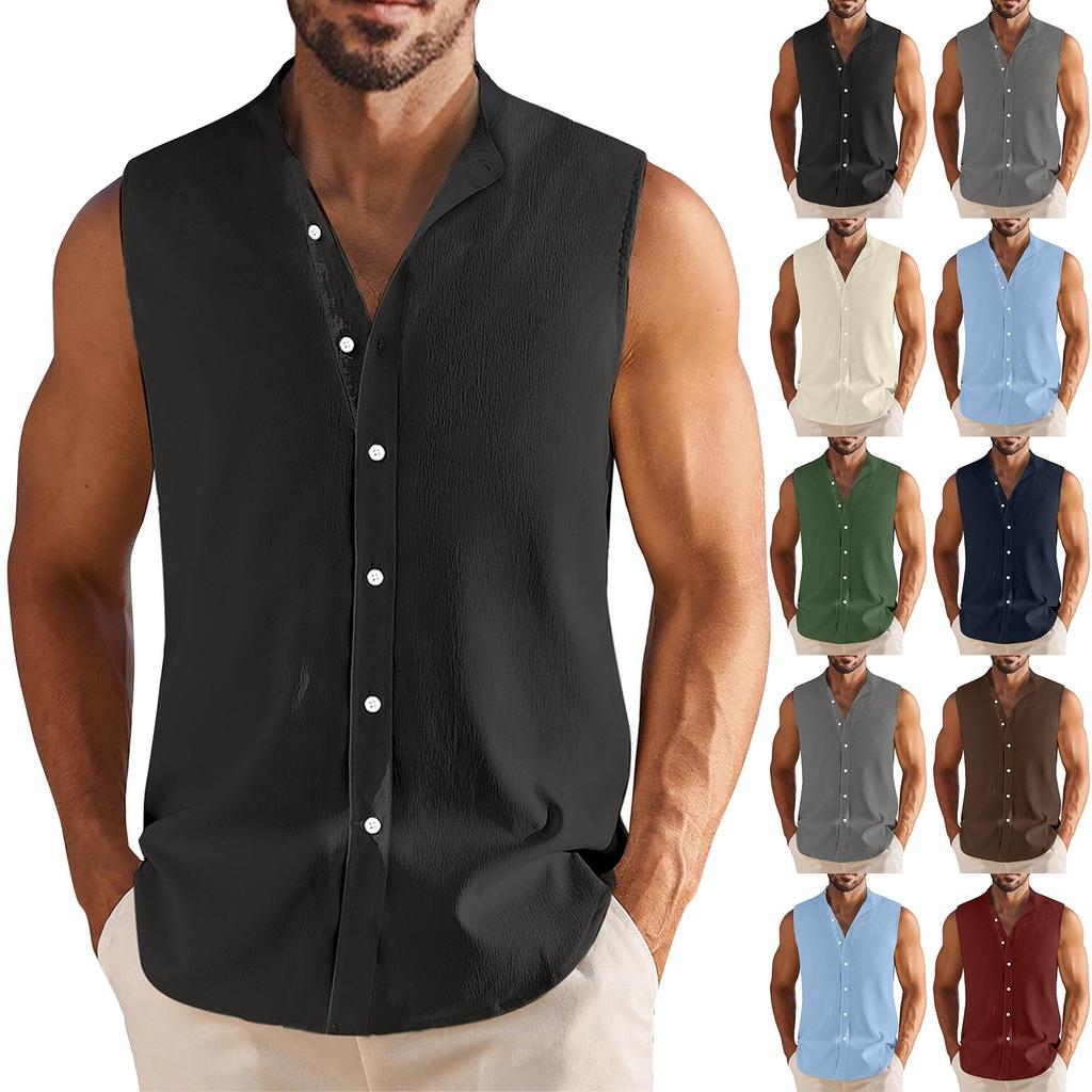 Мужская летняя гавайская однотонная рубашка без рукавов на пуговицах