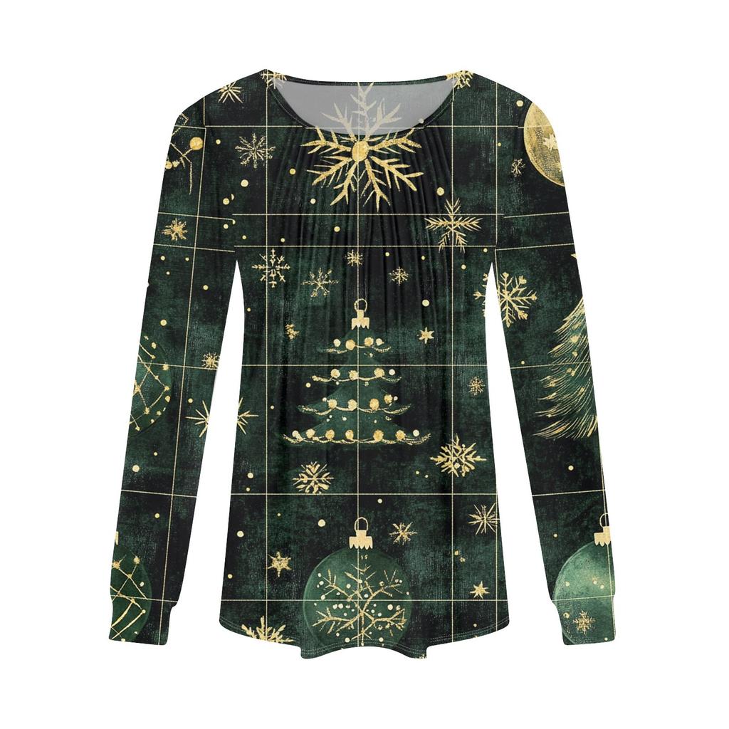Женская повседневная футболка с круглым вырезом и длинными рукавами с рождественским принтом и складками