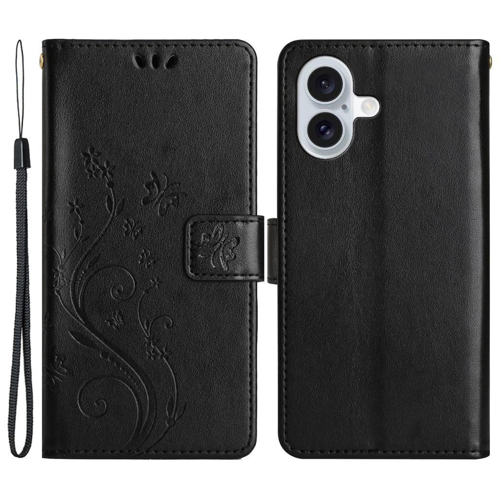 For iPhone 16 Plus Case Wallet PU Leather Butterfly Floral Phone Cover with Strap