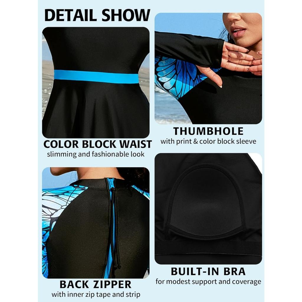 CHARMLEAKS Скромные женские купальники из 2 предметов, платье для плавания с трусами, молния, UPF 50+, рашгард, платье с отверстиями для большого пальца
