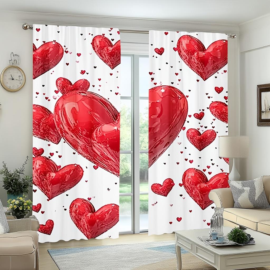 2pc Valentine's Day red heart printed curtains, polyester fabric, machine washable, suitable for living room bedroom decoration