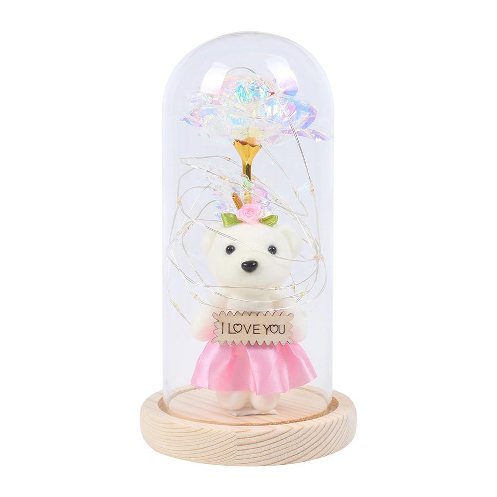 Очарованная красота Роза и Медведь со светодиодной подсветкой в ​​стеклянном куполе на деревянной основе Ночник для вечеринки День матери День рождения Подарок на День святого Валентина