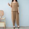Женский комплект из хлопка и льна, повседневный комплект из 2 предметов: топ с короткими рукавами, круглым вырезом и длинными брюками с карманами, летний свободный домашний костюм