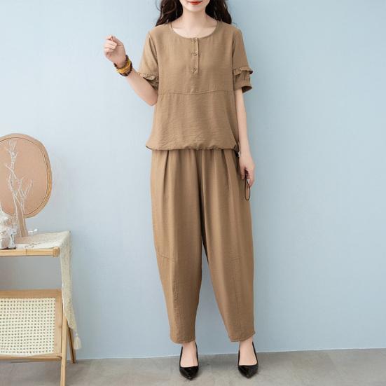Женский комплект из хлопка и льна, повседневный комплект из 2 предметов: топ с короткими рукавами, круглым вырезом и длинными брюками с карманами, летний свободный домашний костюм