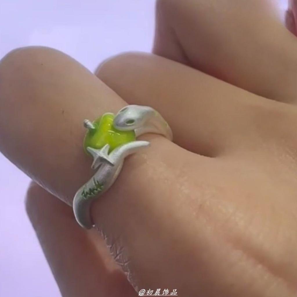 Snake & Apple Open Ring for Women, Vintage Silver Adjustable Enamel Ring, Cute Gothic Jewelry Gift